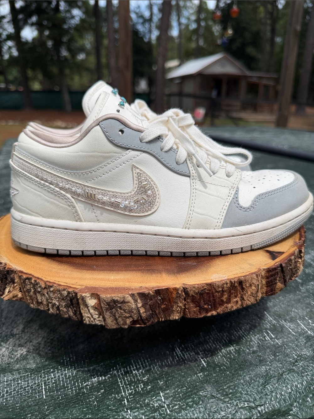Nike Air Jordan 1 Low White and Light Gray with Crystal Swoosh